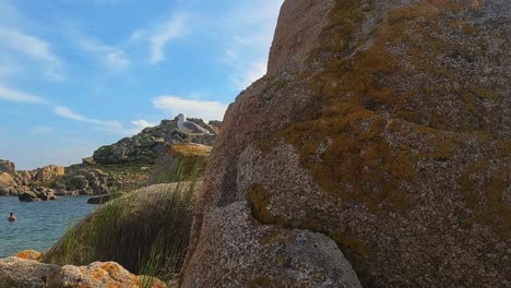 Seagull-on-granite-rock-looking-at-person-bathing-in-Lavezzi-island-sea-water-in-Corsica,-France