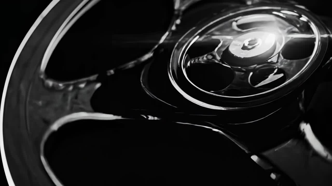 Close-up of a vintage film reel in black and white, shot from a low angle, highlighting the classic