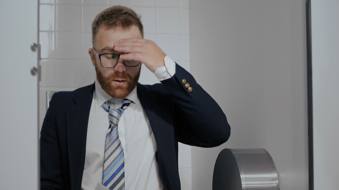 Businessman in distress in bathroom