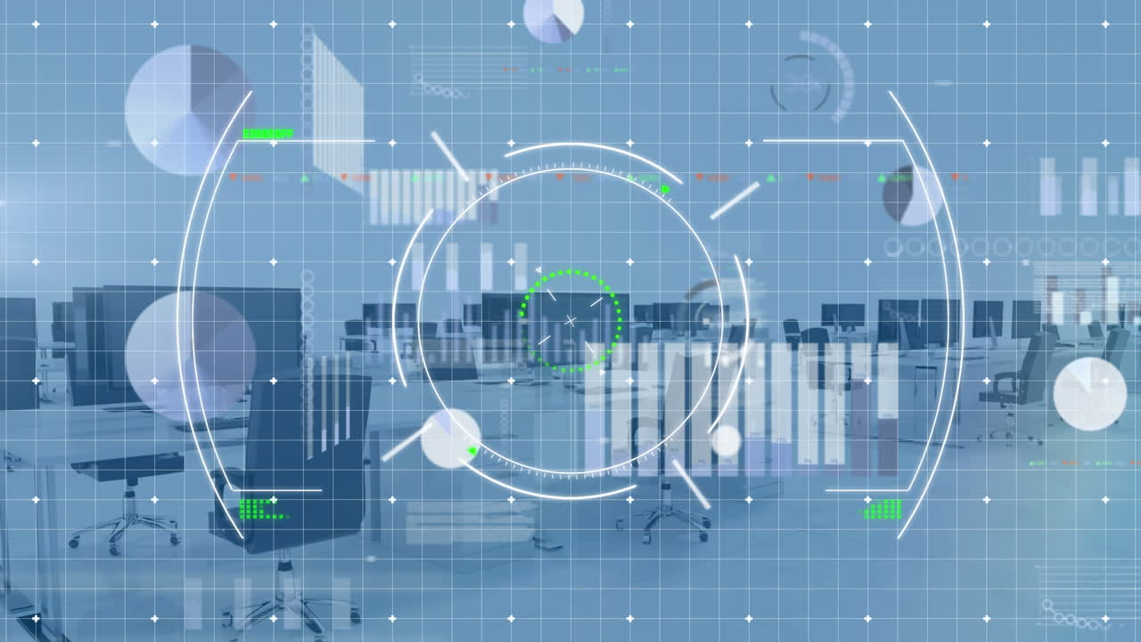 Animation of scope scanning and data processing over empty office