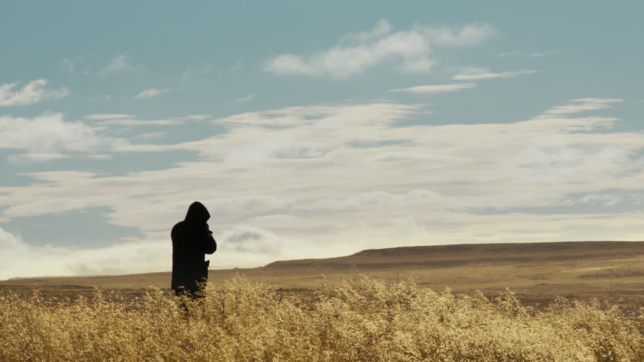 toma media de silueta de una fotografía de pie en un campo en islandia en un día claro de verano
