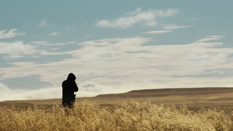 silhouette medium shot of a photograph standing in a field in iceland in a clear summer day