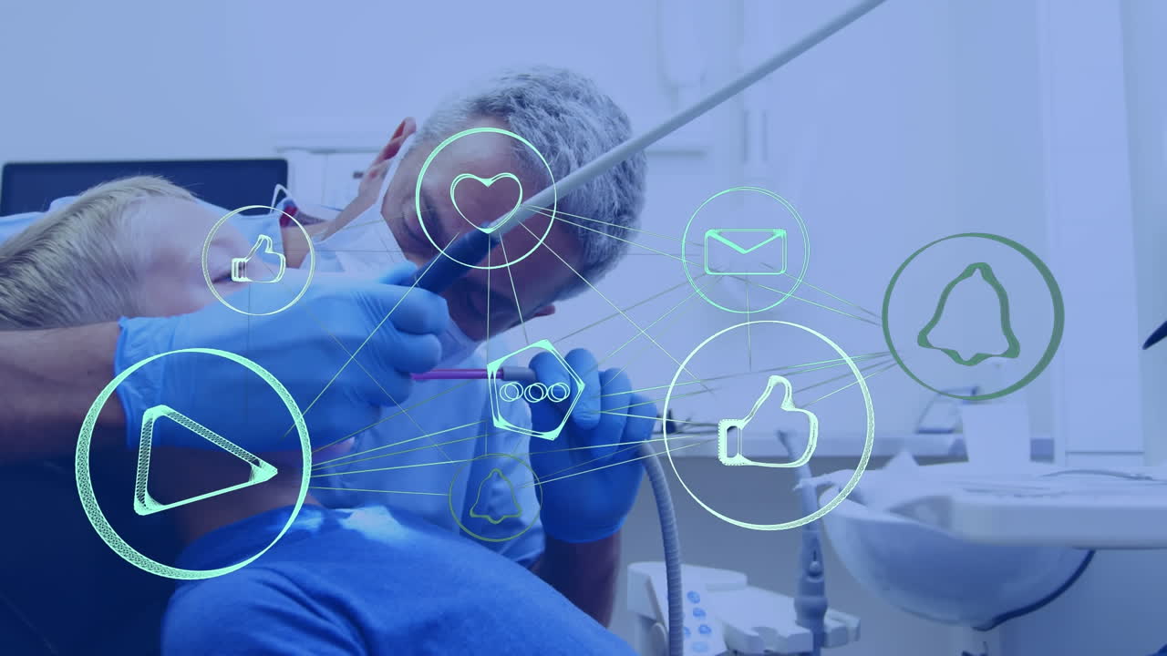 치과의사 의자에 있는 소년에 대한 아이콘과 연결 네트워크의 애니메이션