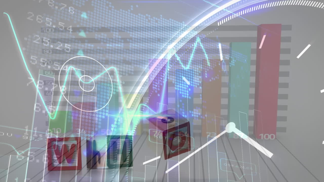 анимация пятничных текстов над цифровыми часами, графиками, торговой доской над абстрактным фоном