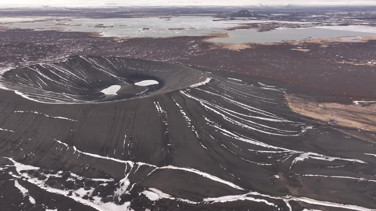 Hverfjall at Mývatn, Iceland, captured by drone in cold, snowy conditions. Striking volcanic landscape in winter's grip.