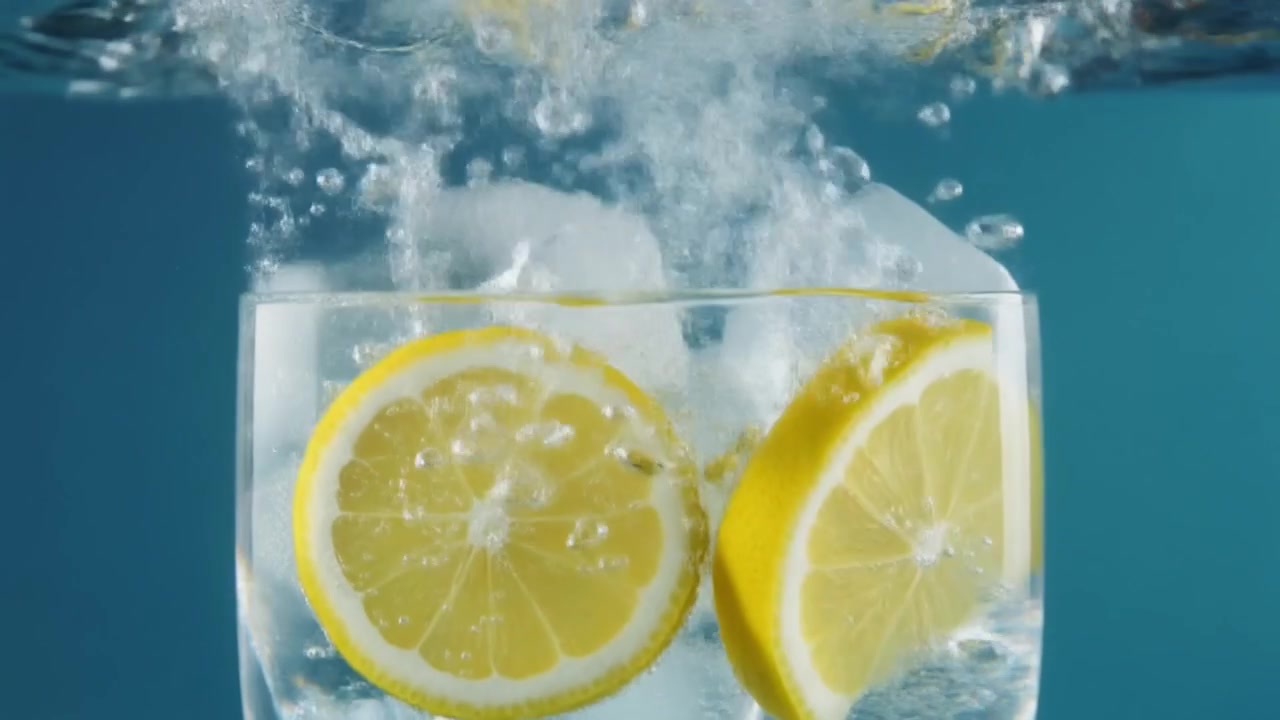 Fette di limone che cadono in un bicchiere d'acqua con ghiaccio