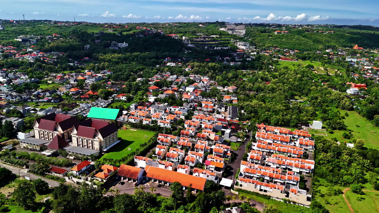 Drone view of Kuta Selatan in Bali, showing residential areas, buildings, and greenery