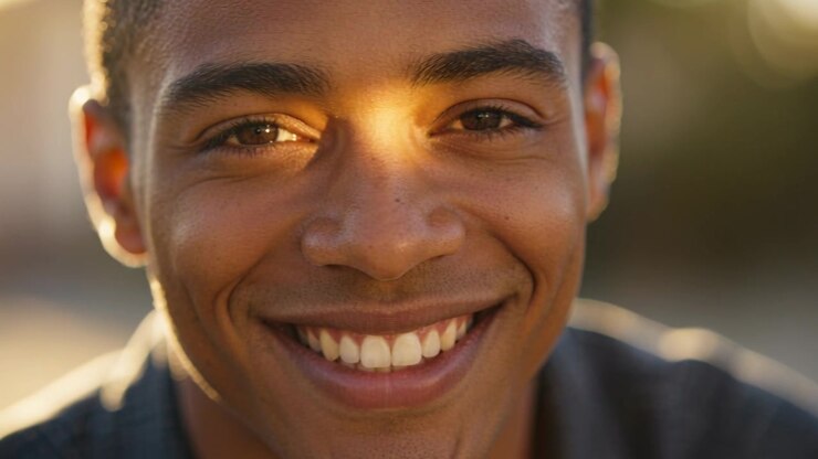 Homme en chemise à col réagit à une bande de lumière solaire chaude et mouvante, déplaçant son regard et souriant dans un parc.