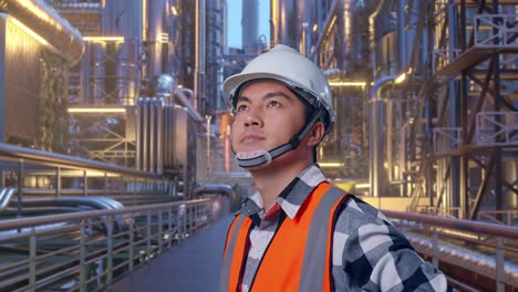 close up side view of asian male engineer wearing safety helmet looking around while standing with arms akimbo at a vast oil refinery