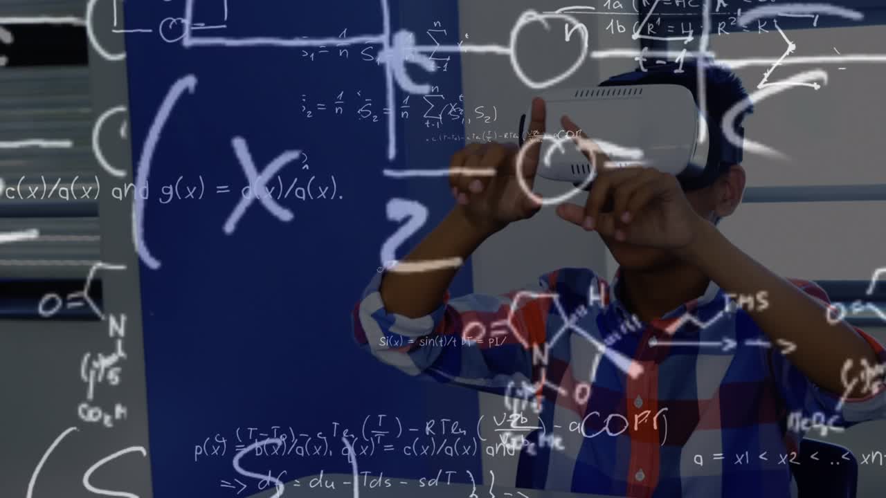 Animation of mathematical equations over african american schoolboy using vr headset