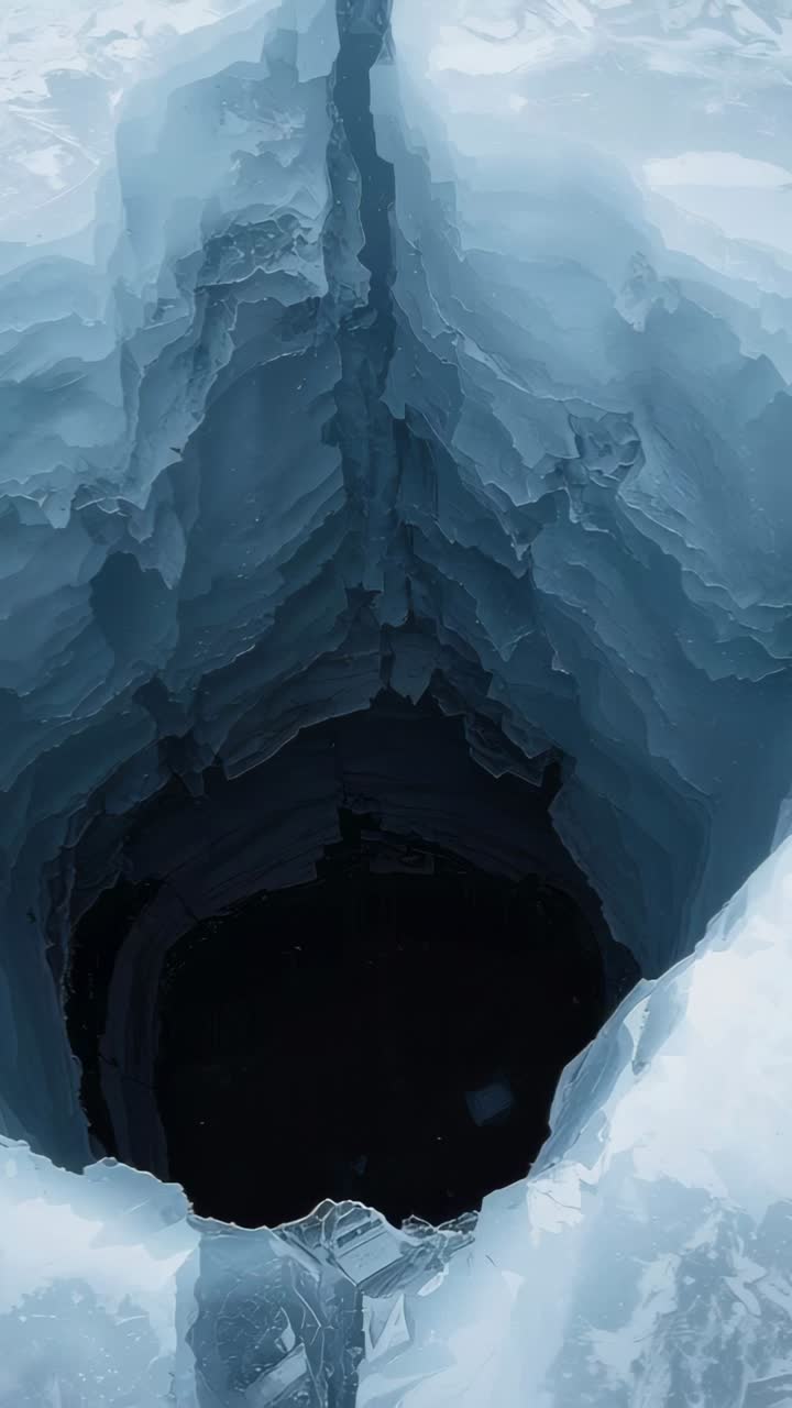 Vertical video: Shifting light sending flakes drifting into ice shaft at glacier rim, layered walls