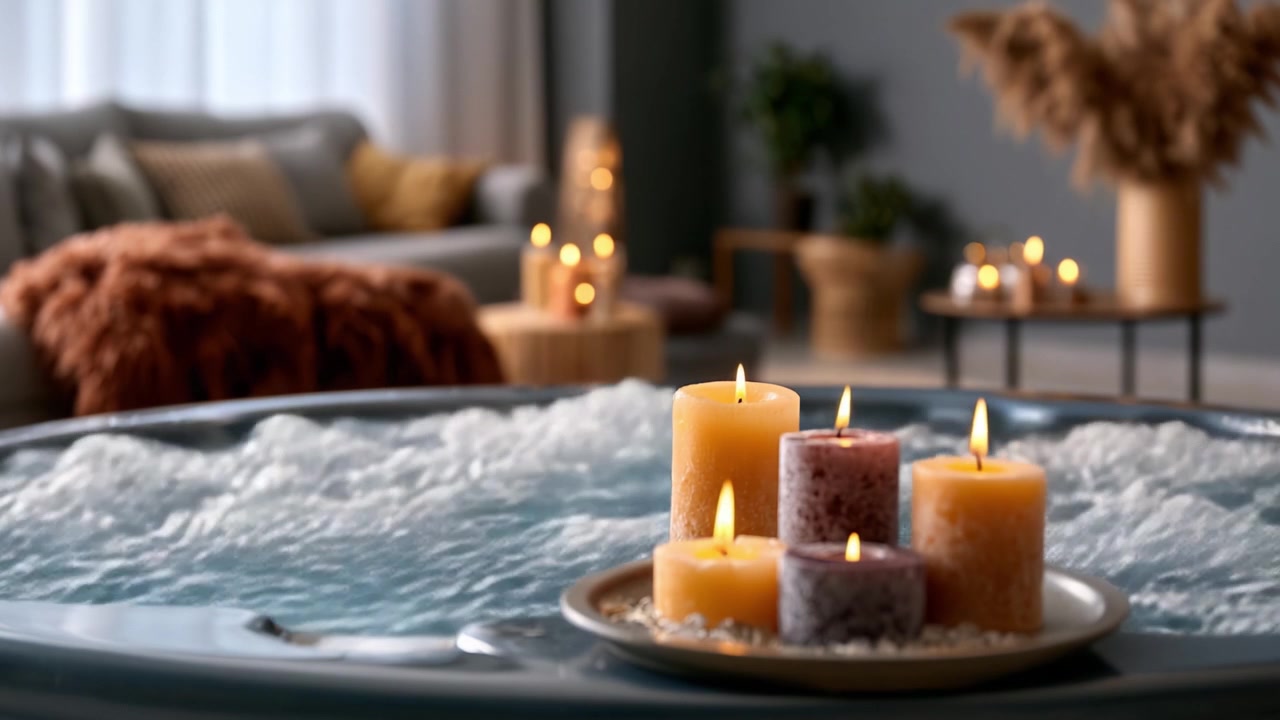 En avkopplande stämningsfull miljö med doftljus på ett fat omgivet av bubblande vatten i ett mysigt, lugnt vardagsrum med en stilren estetik.