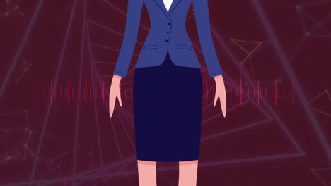 animation of businesswoman with face mask icon over moving shapes