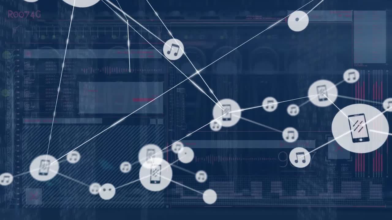 Animation of network of digital icons and data processing against close up of a computer server