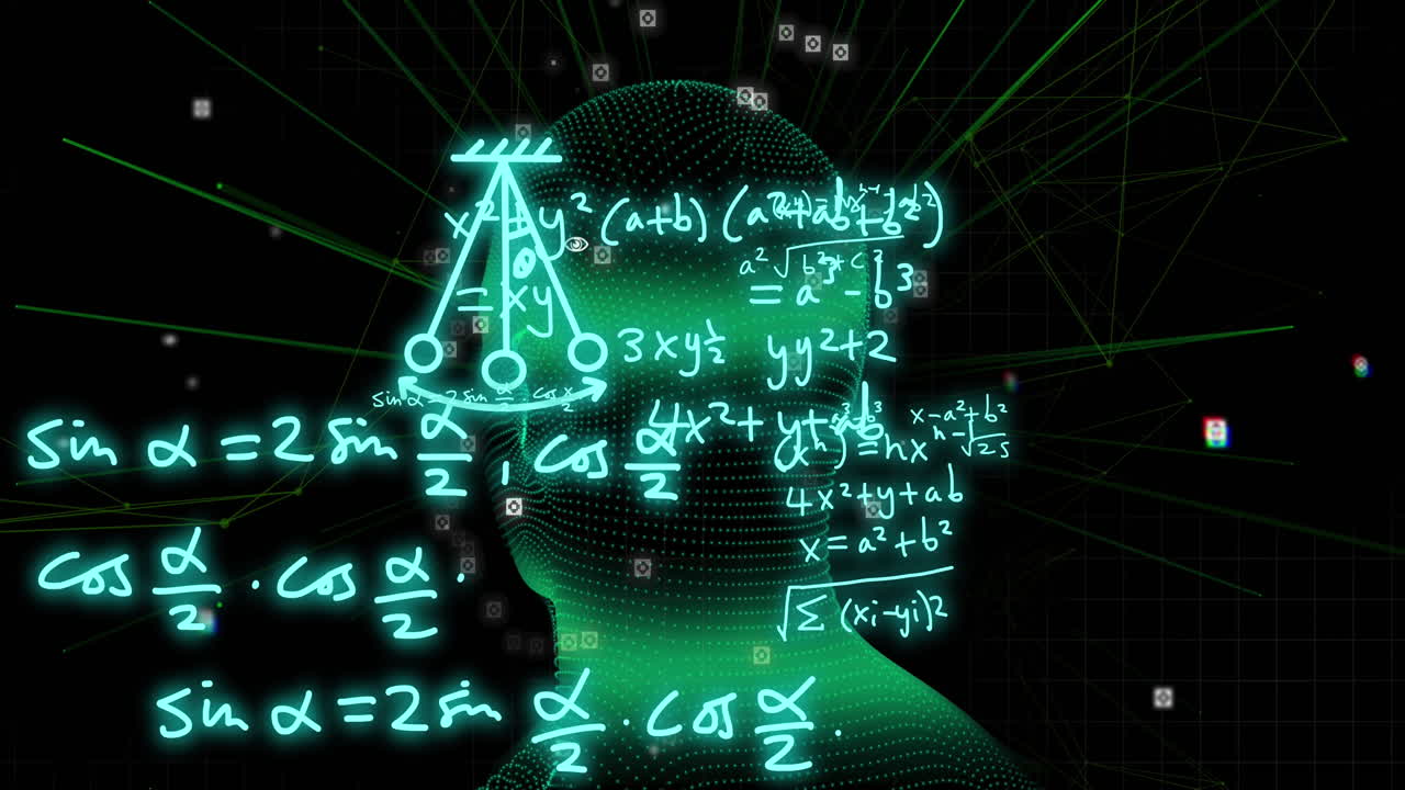 animación de fórmulas matemáticas y procesamiento de datos científicos sobre la cabeza humana.