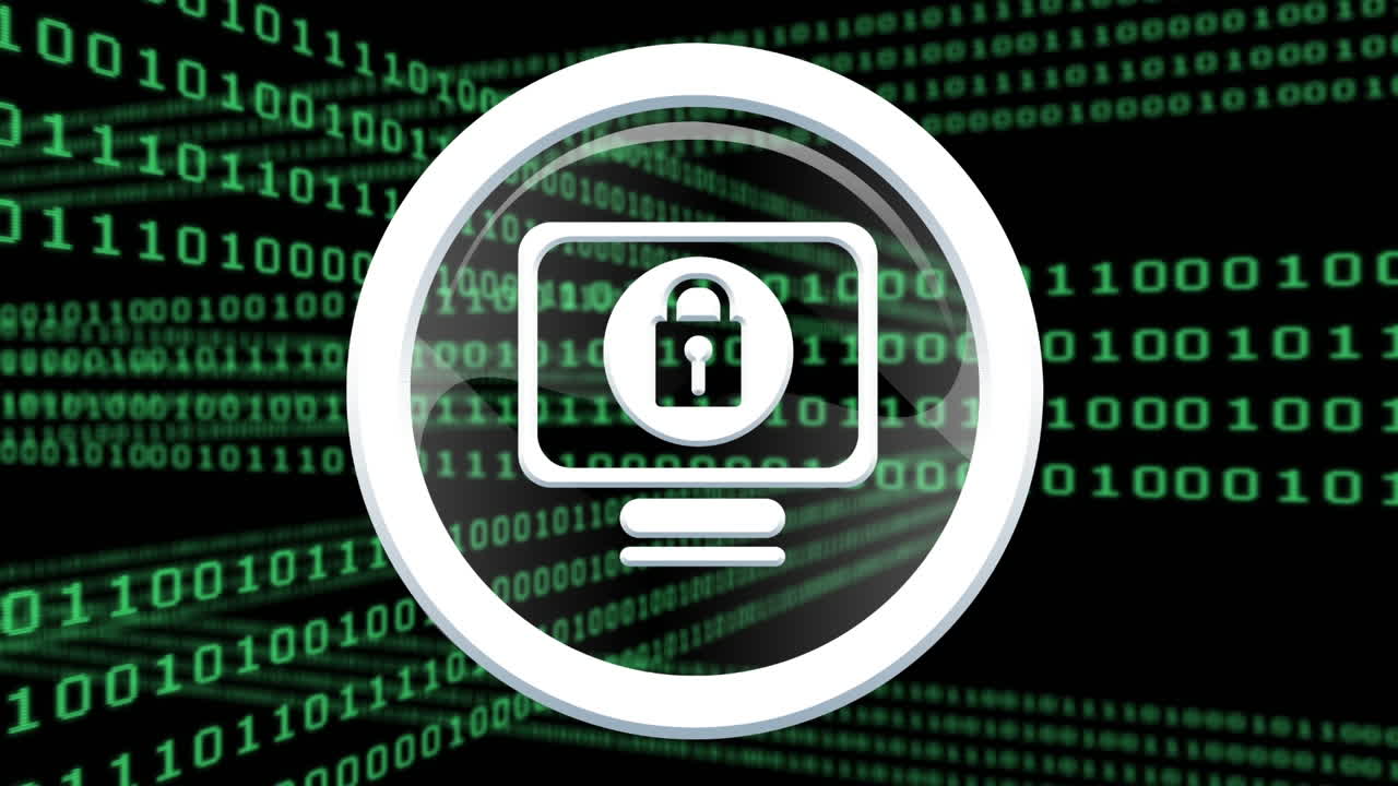 animación de codificación binaria y candado de seguridad en línea sobre fondo oscuro
