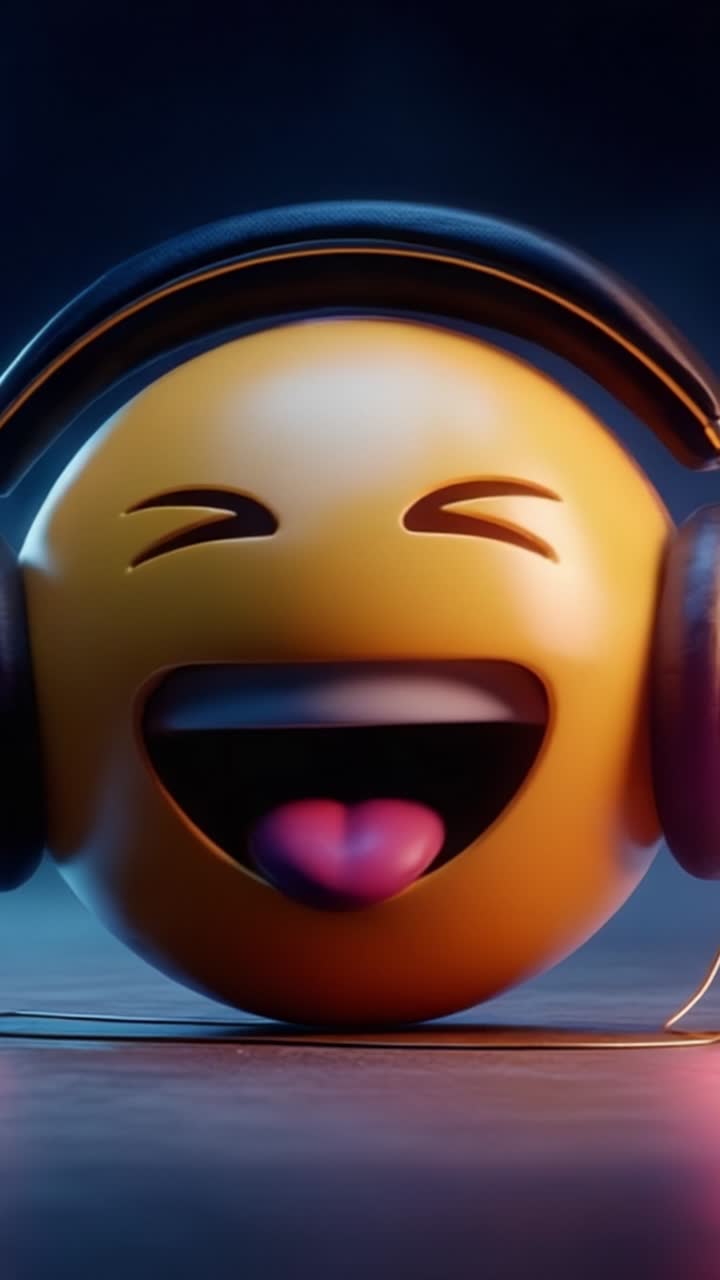A vibrant and cheerful emoji wearing headphones, joyfully expressing happiness through music with playful tongue out, set against a captivating backdrop of colors