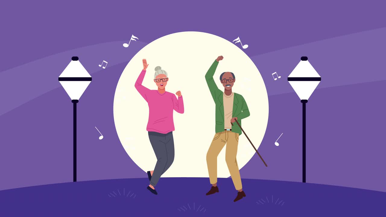 feliz pareja de ancianos interraciales celebrando personajes de animación