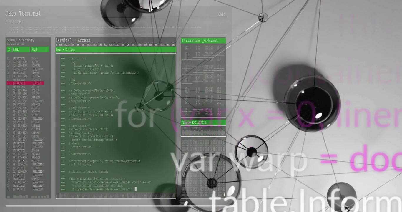 Terminal appearing, code filling panels, spheres rotating and overlays fading, showing layered view