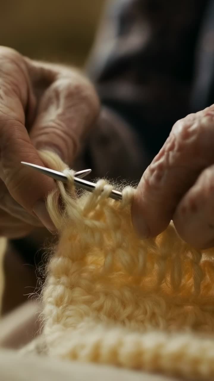 Video verticale: mani che lavorano a maglia creando file con un passante a casa, ferri da maglia, filato giallo in un maglione