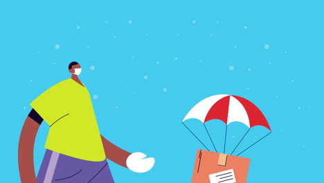 trabajador de servicio de entrega con caja en animación de paracaídas