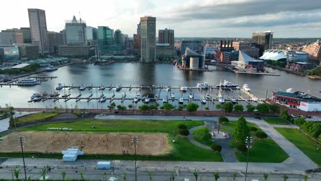 Aerial-truck-shot-of-Baltimore-Inner-Harbor-from-Federal-Hill