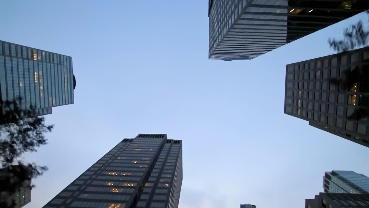 Capturing a stunning perspective of towering skyscrapers as dusk settles in. The buildings reflect lights from inside and the sky transitions to evening hues above the urban skyline.