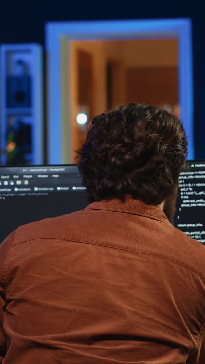 Programmer Working Late on Multiple Computer Monitors