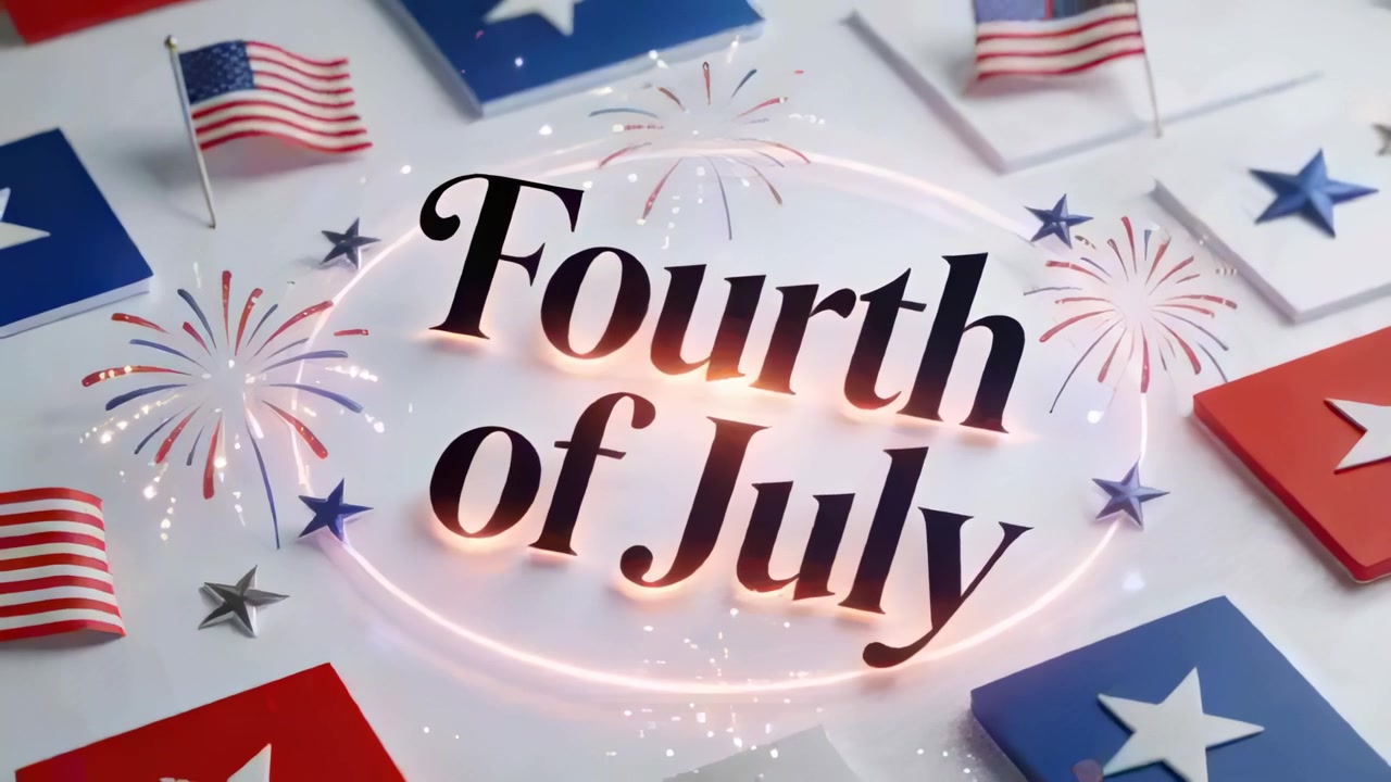 Glowing Fourth of July title tilting on white plane, camera zooming, American flags promoting fun