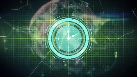 animación del reloj y el globo de las redes de plexo sobre la red de cuadrícula contra un fondo verde.