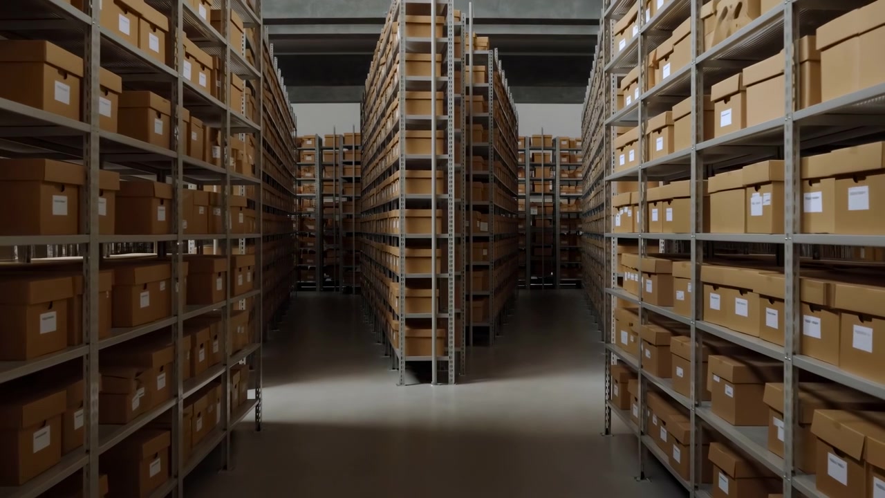 Corsie di magazzino fiancheggiate da scatole, corridoio di un centro di smistamento e-commerce che mostra alte scaffalature metalliche piene.