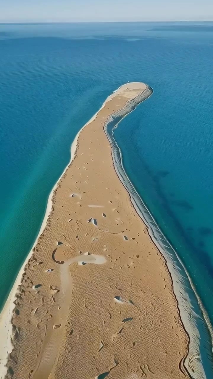 Vertikal video: Nedstigende drone følger sandtange nær havet, afslører krusninger og sandbanker.