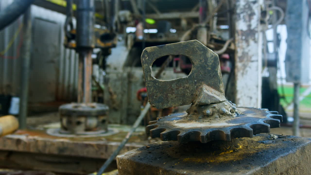 Huge metal detail with a big gear. Drilling equipment for gas and oil production works at backdrop.