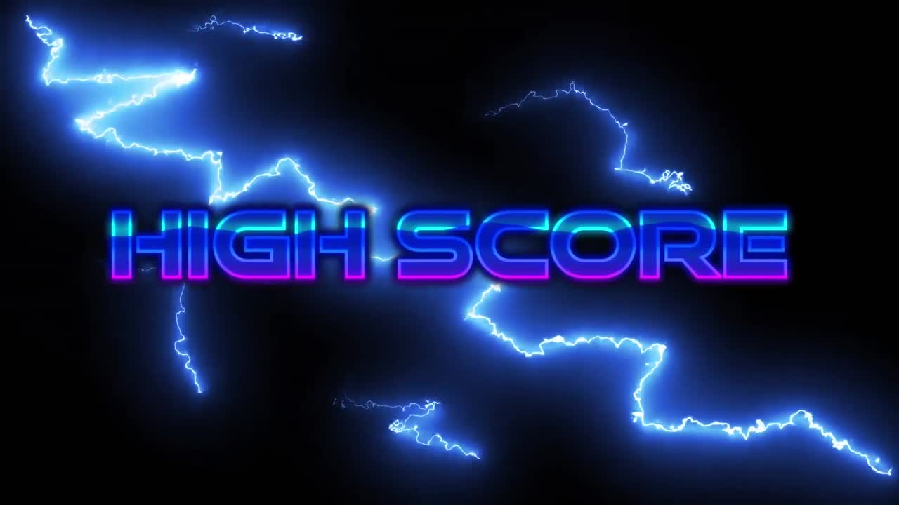 Animation of high score text over lightnings on black background