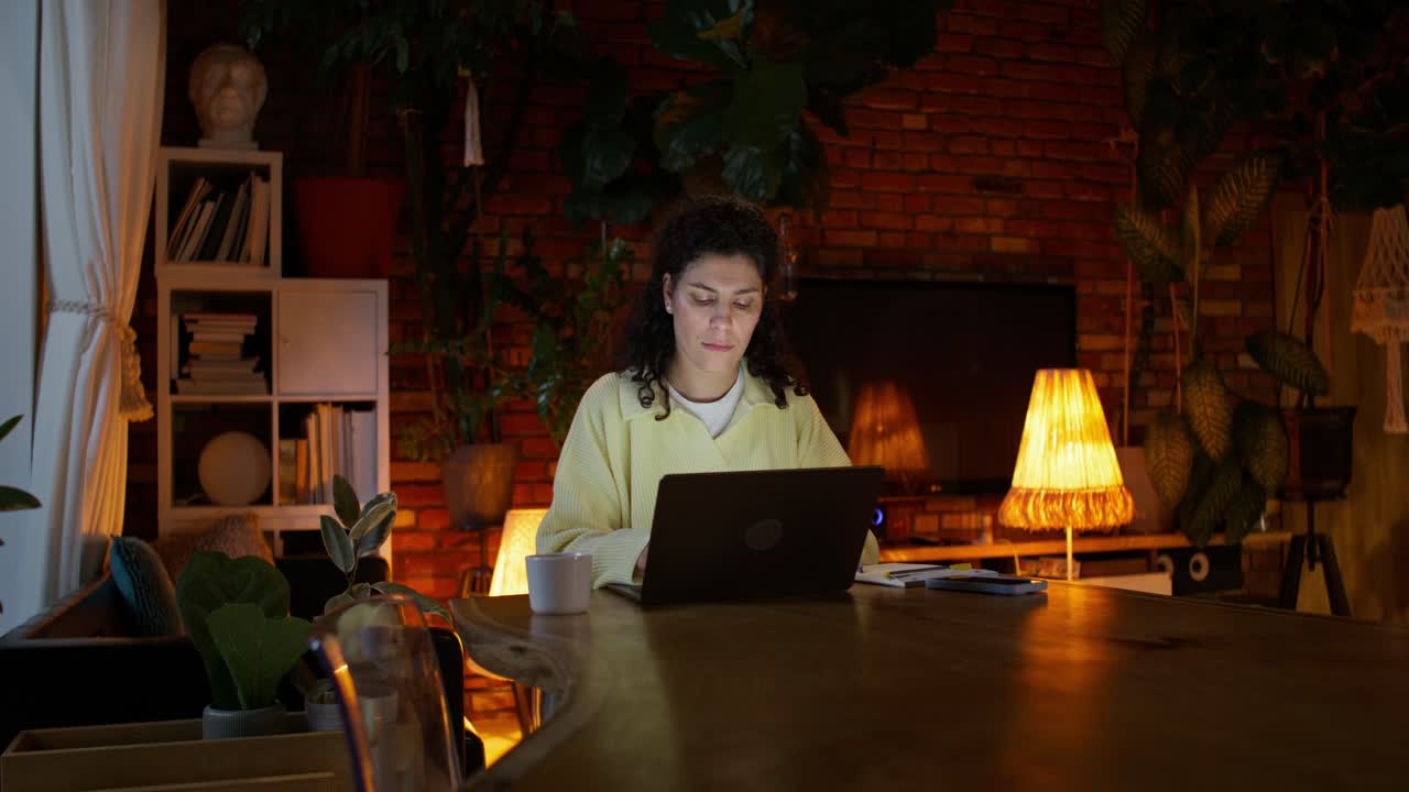 밤에 집에서 일하는 여자