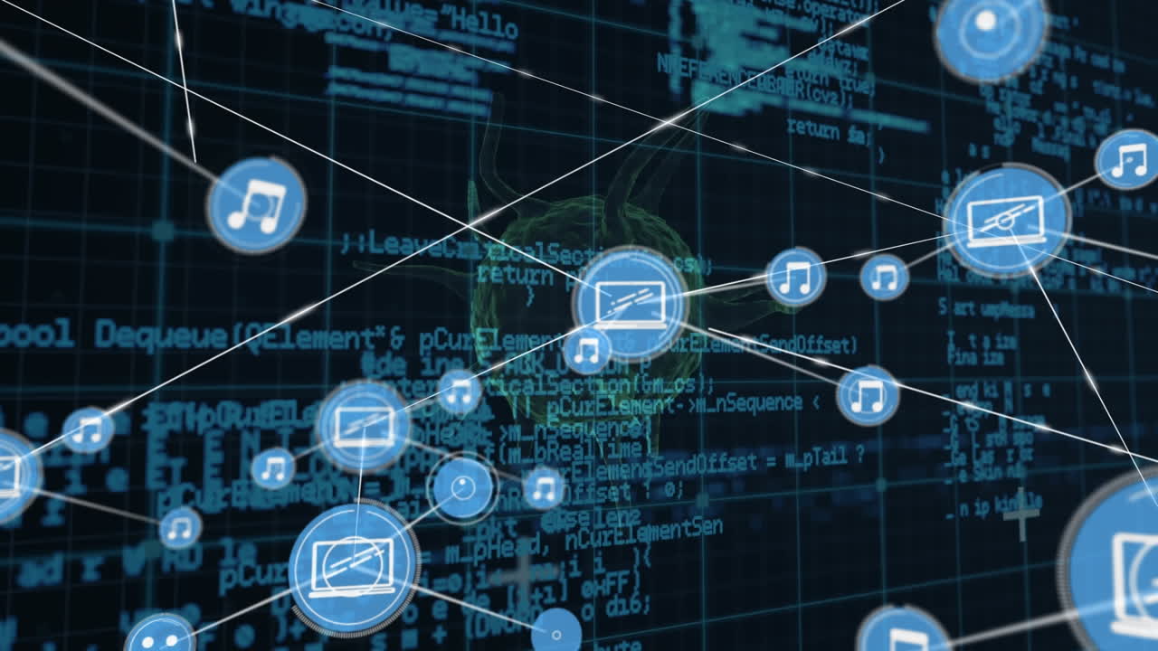 디지털 아이콘의 네트워크와 코로나 19 세포에 대한 데이터 처리 검은 바탕에 회전