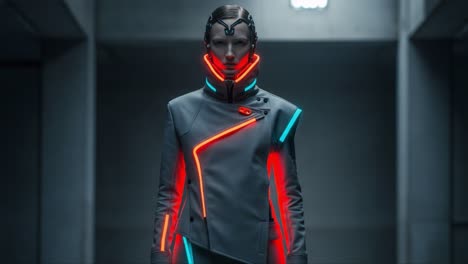 futuristic figure in neon-lit attire: an exploration of cybernetic fashion and technology in a sleek, dimly lit environment with high-tech aesthetics