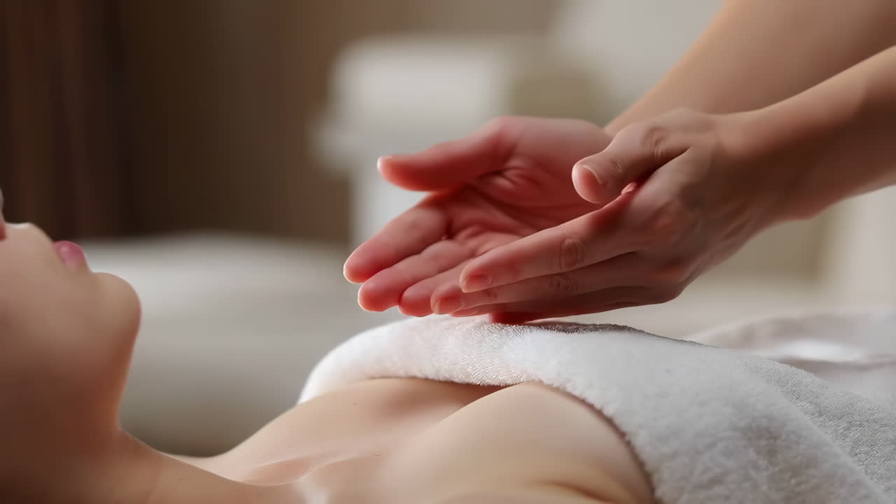 Hænder udfører energihealing eller afspændingsterapi