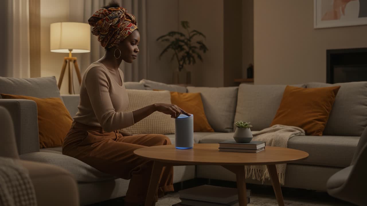 Woman Engaged with Smart Device in Cozy Living Room, Creating a Contemporary Atmosphere with Stylish Decor and Relaxed Ambiance