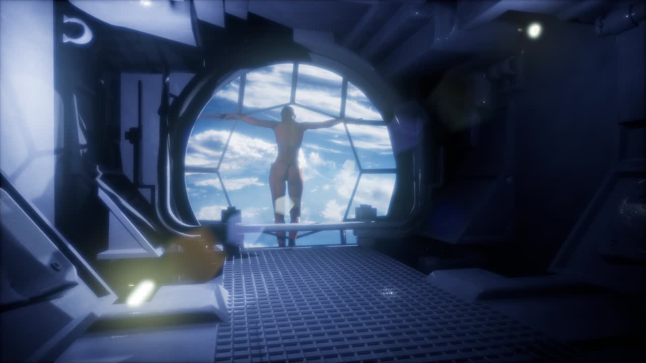 우주 정거장 창문 에서 지구 를 관찰 하는 여자 파란색 지구 와 구름