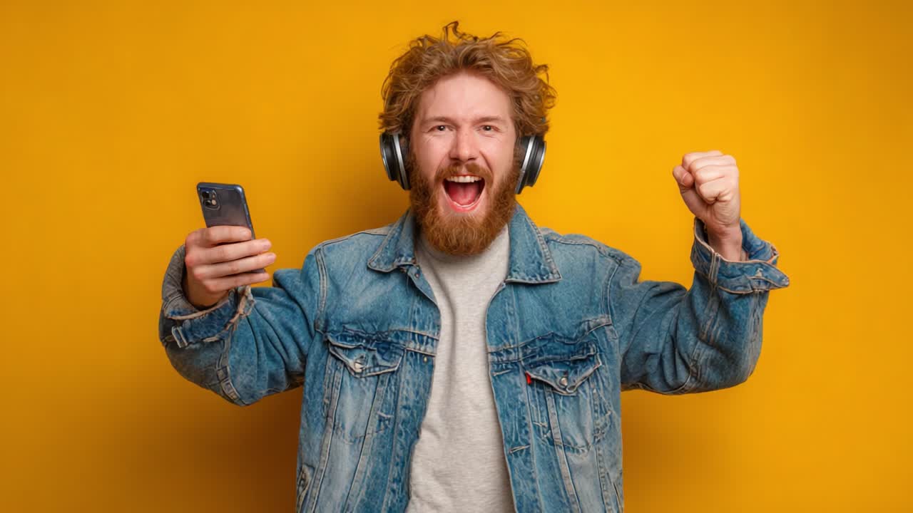 Радостный молодой человек в наушниках, празднующий что-то со смартфоном на фоне ярко-желтого цвета, запечатлен в момент веселья и восторга