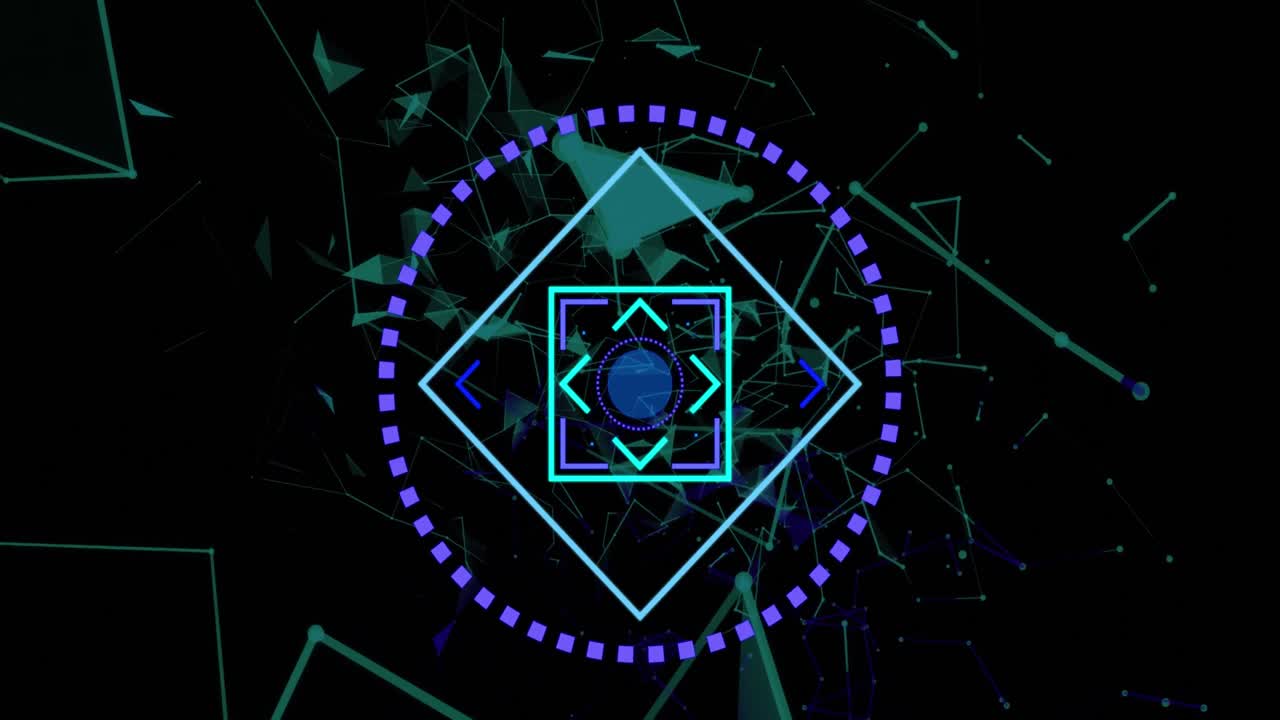 검은색에 떠다니는 모양과 연결된 점과 함께 원형 범위 스캐닝의 애니메이션