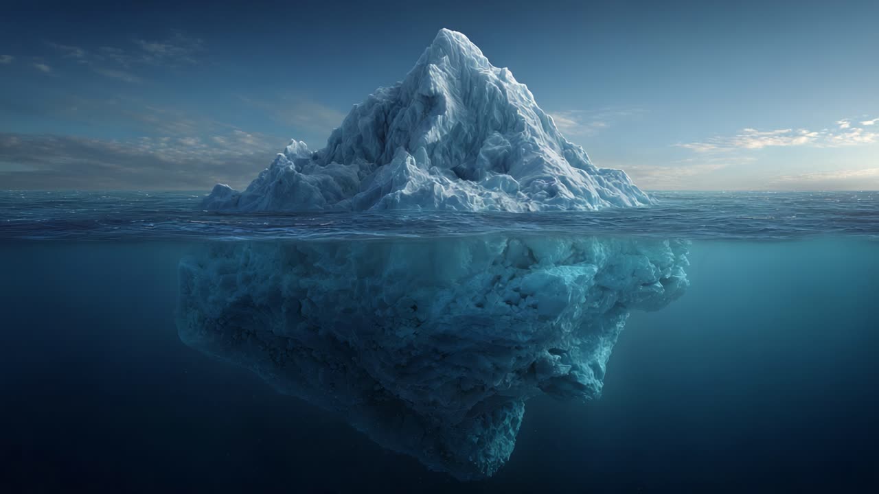 Majestätischer Eisberg, der sich über die Meeresoberfläche erhebt und die Schönheit der Natur mit seiner massiven Struktur einfängt, die über und unter Wasser sichtbar ist und ein Gefühl von Gelassenheit und Staunen hervorruft