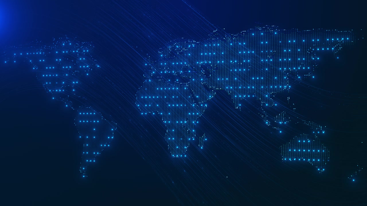 Global blue data map visual with dotted continents flowing trail lines and deep digital space