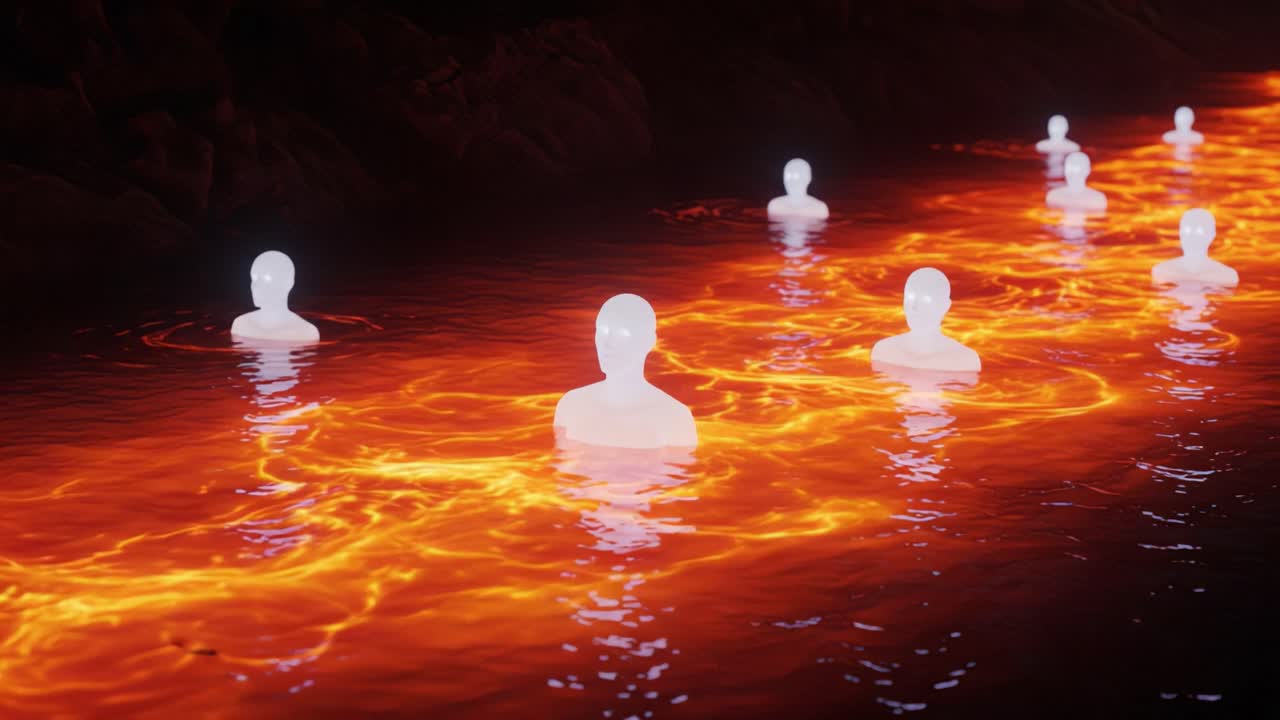A Surreal Scene of Ethereal Figures Floating on a Fiery Lava-Like Surface, Creating a Captivating Contrast Between Light and Dark in an Otherworldly Environment