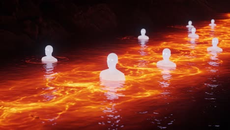 a surreal scene of ethereal figures floating on a fiery lava-like surface, creating a captivating contrast between light and dark in an otherworldly environment
