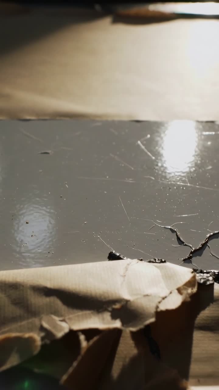Vertical video: Tilting camera revealing torn kraft paper along painted ledge, documenting damage