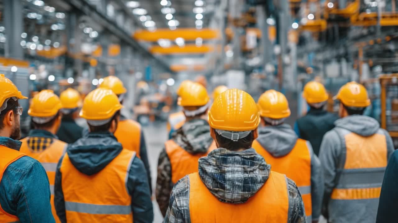 A Group of Workers Wearing Safety Gear in a Large Industrial Facility, Focusing on Their Preparation for an Upcoming Task in the Manufacturing Sector
