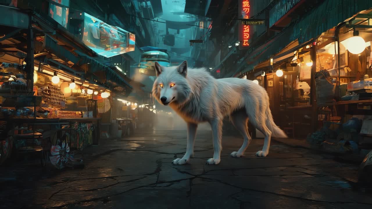 Wolf in a Neon Lit Street