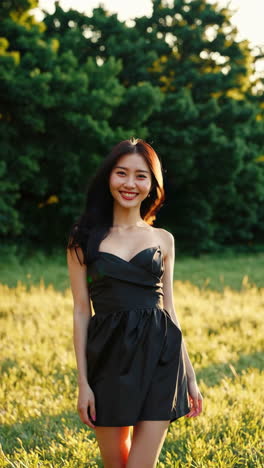 Asian woman in black dress in a field